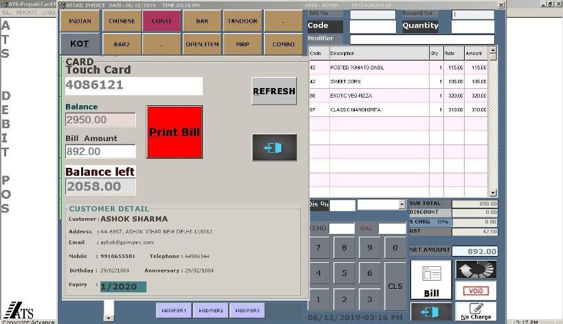 Food Court and Canteen Prepaid Card POS Billing Software